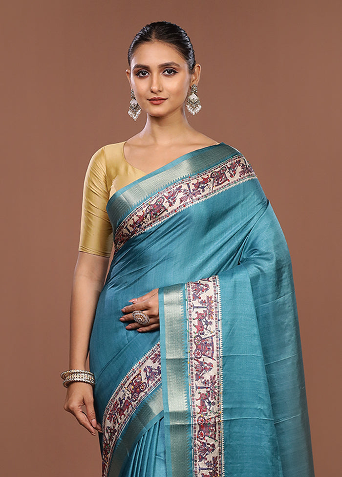 Blue Tussar Silk Saree With Blouse Piece