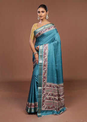 Blue Tussar Silk Saree With Blouse Piece