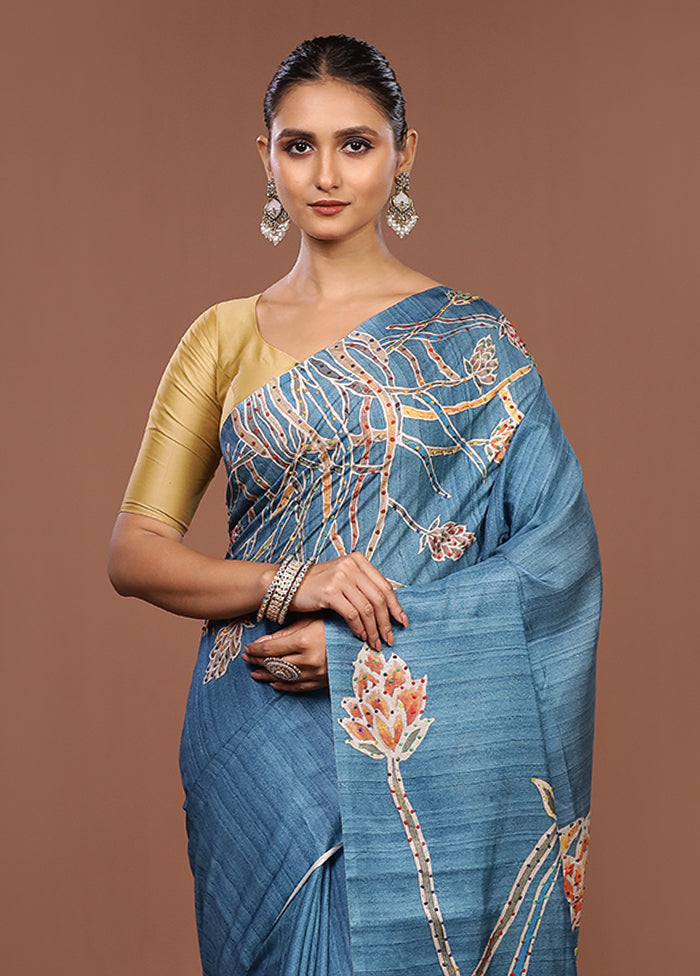 Blue Tussar Silk Saree With Blouse Piece