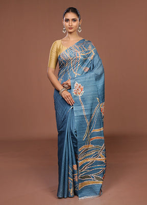Blue Tussar Silk Saree With Blouse Piece