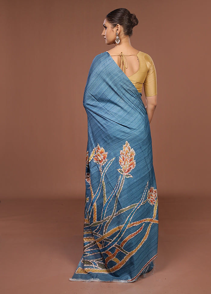 Blue Tussar Silk Saree With Blouse Piece