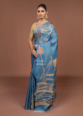 Blue Tussar Silk Saree With Blouse Piece