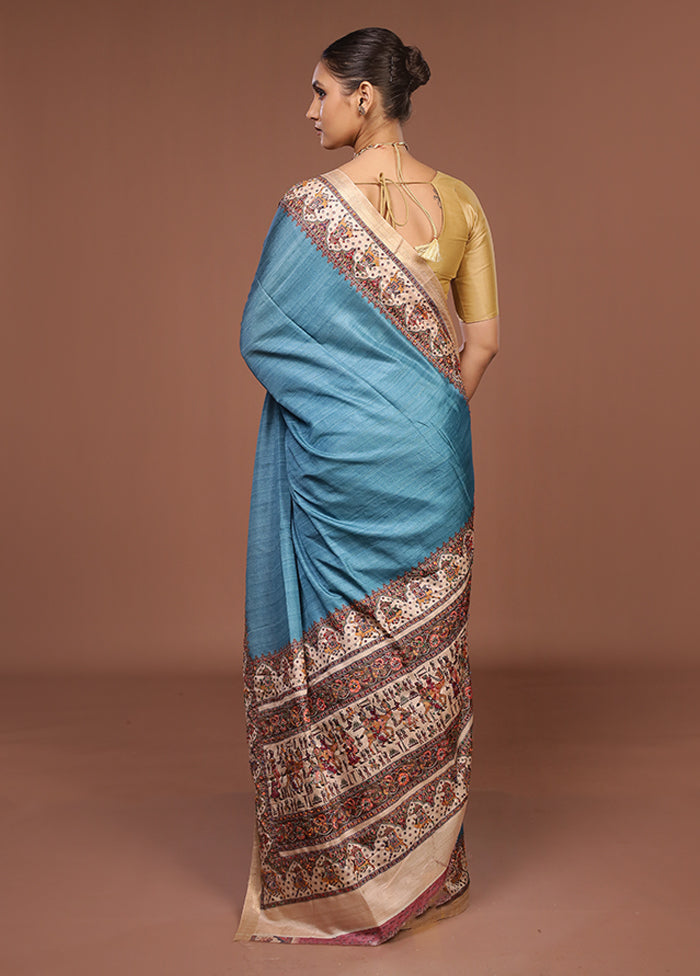 Blue Tussar Silk Saree With Blouse Piece