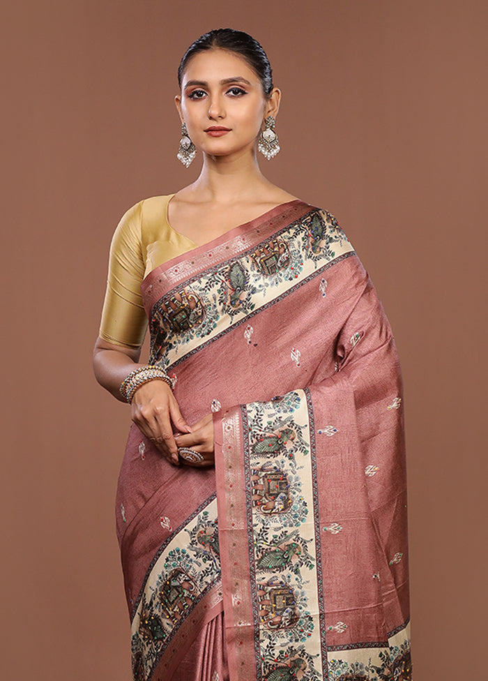 Pink Tussar Silk Saree With Blouse Piece