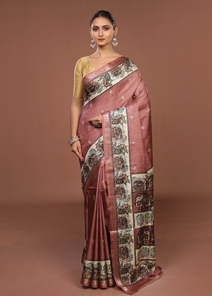 Pink Tussar Silk Saree With Blouse Piece
