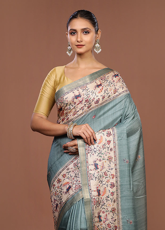 Green Tussar Silk Saree With Blouse Piece