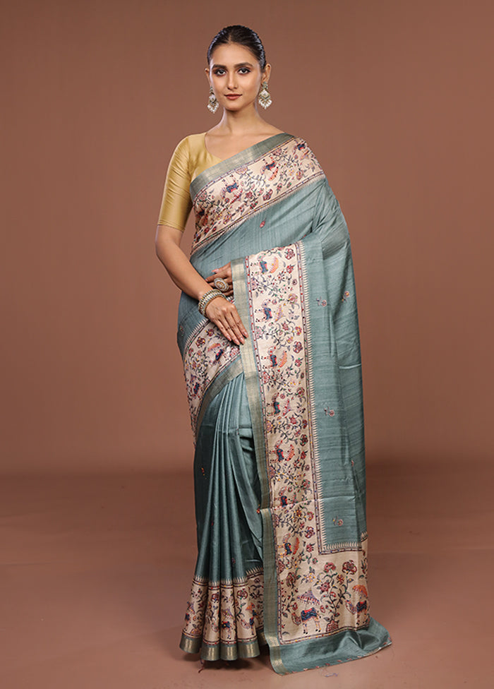 Green Tussar Silk Saree With Blouse Piece