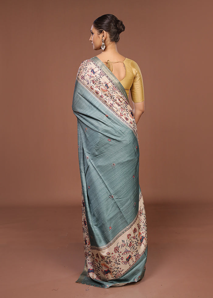 Green Tussar Silk Saree With Blouse Piece