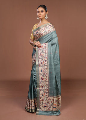 Green Tussar Silk Saree With Blouse Piece