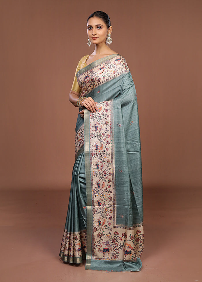 Green Tussar Silk Saree With Blouse Piece