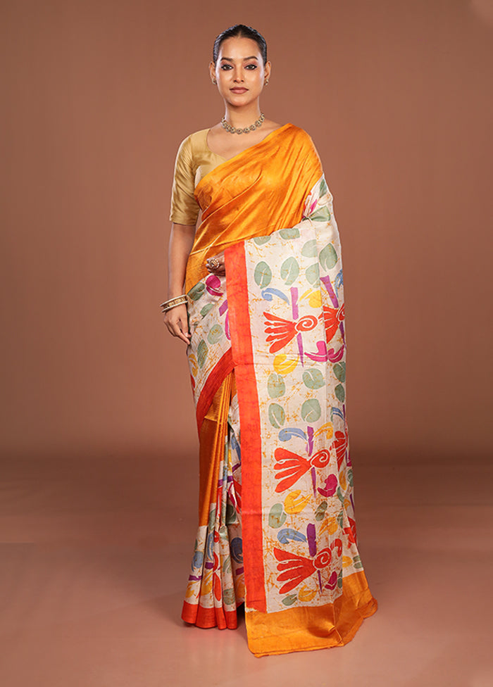 Cream Printed Pure Silk Saree Without Blouse Piece