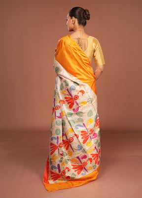 Cream Printed Pure Silk Saree Without Blouse Piece