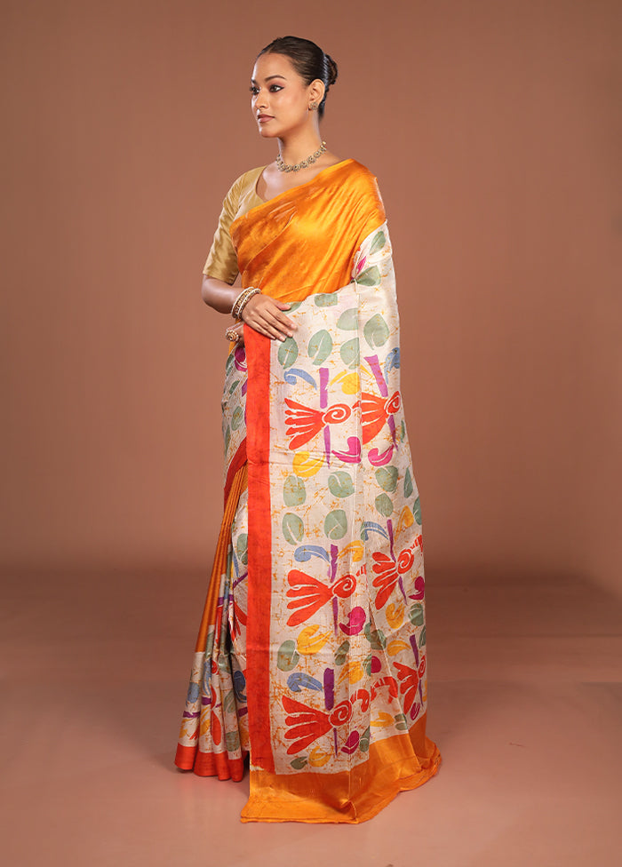 Cream Printed Pure Silk Saree Without Blouse Piece