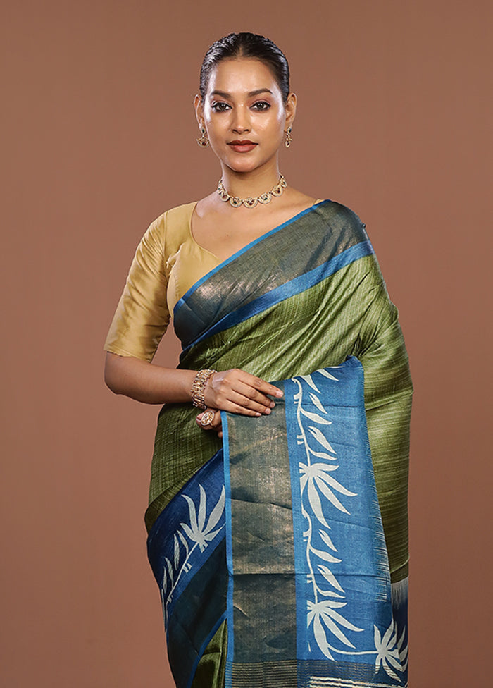 Green Tussar Silk Saree With Blouse Piece