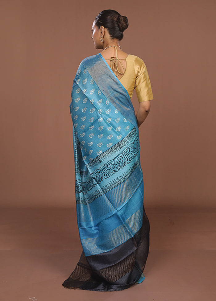 Blue Tussar Silk Saree With Blouse Piece
