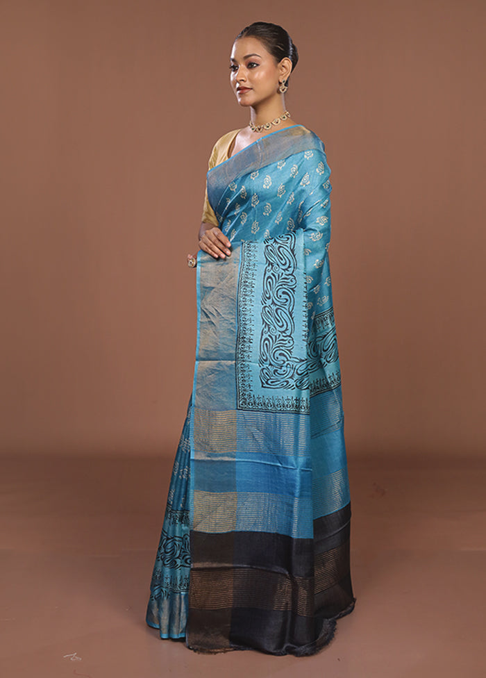 Blue Tussar Silk Saree With Blouse Piece