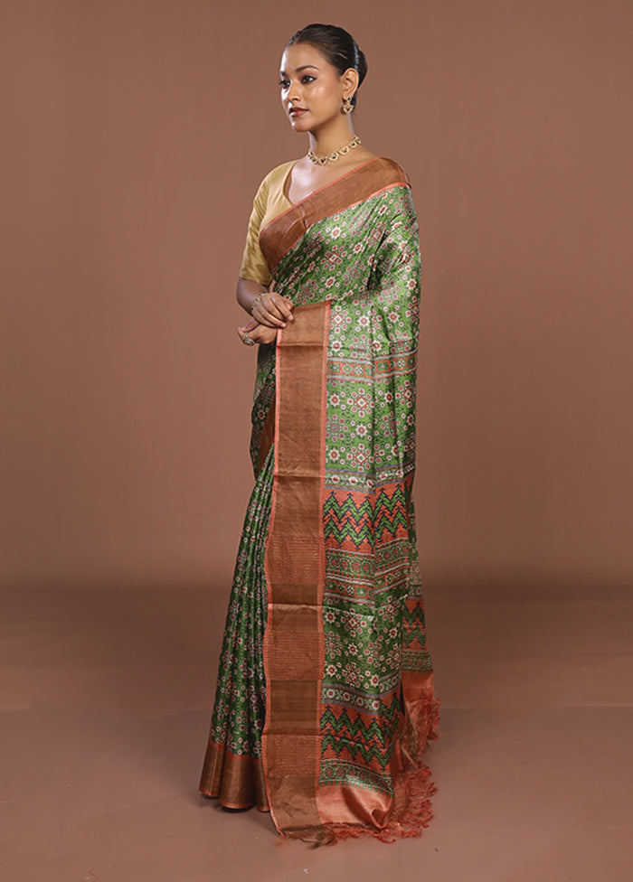 Green Tussar Silk Saree With Blouse Piece
