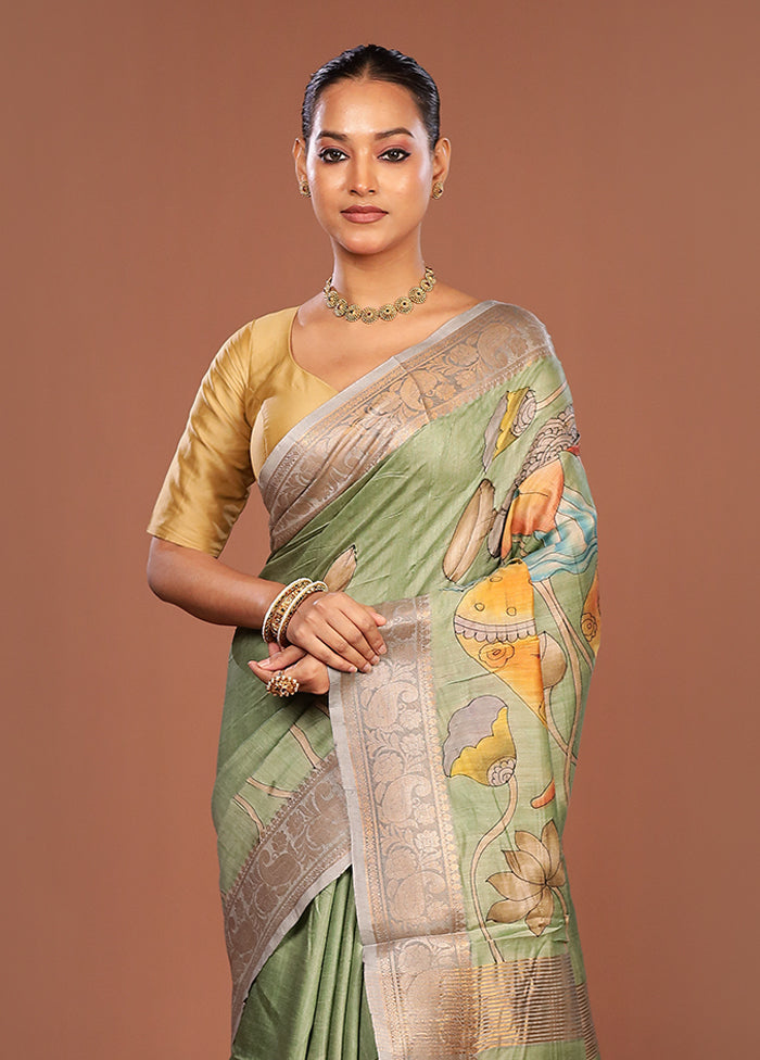 Green Tussar Silk Saree With Blouse Piece