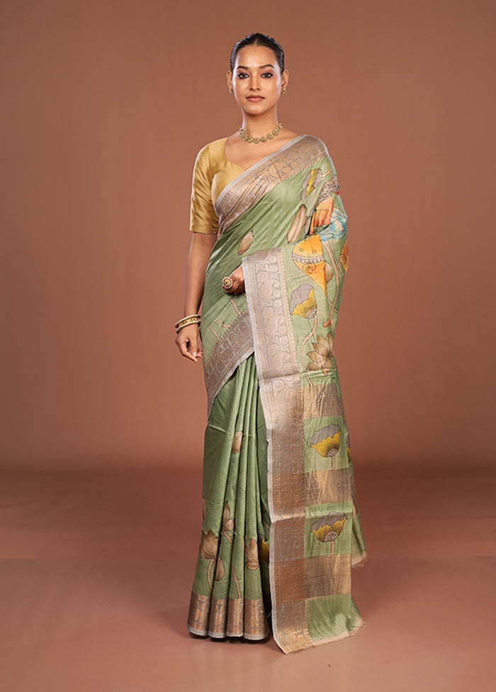 Green Tussar Silk Saree With Blouse Piece