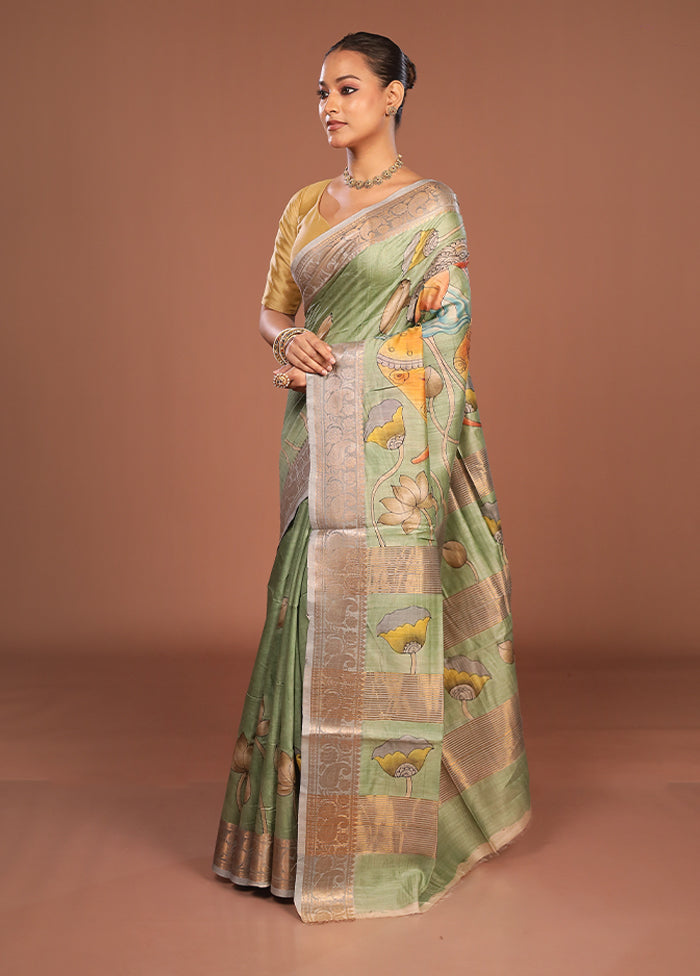 Green Tussar Silk Saree With Blouse Piece