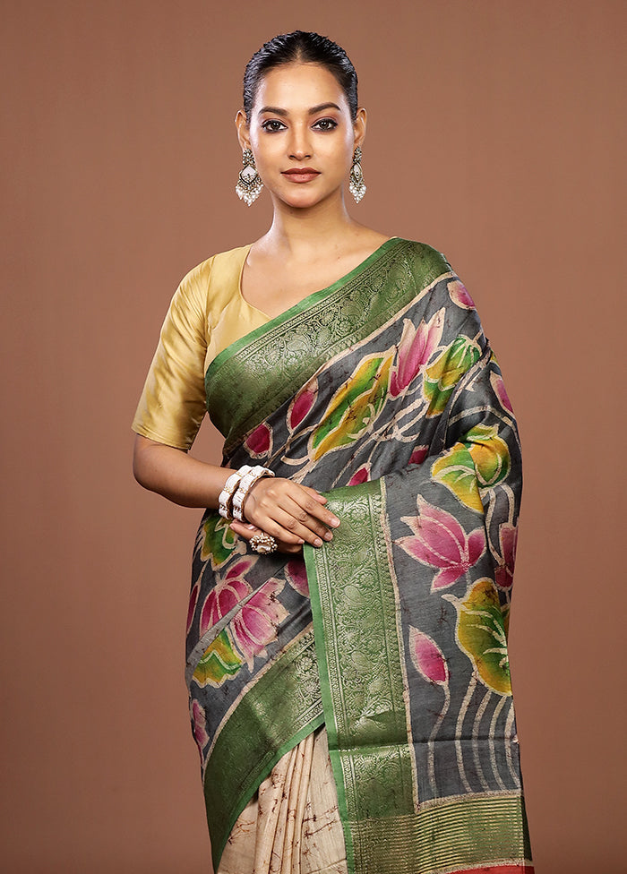 Grey Tussar Silk Saree With Blouse Piece