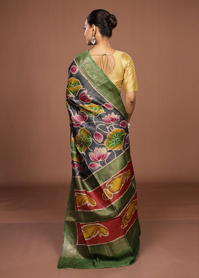 Grey Tussar Silk Saree With Blouse Piece