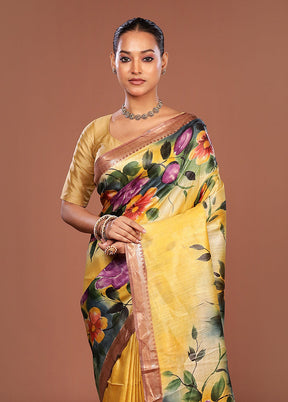 Yellow Tussar Silk Saree With Blouse Piece
