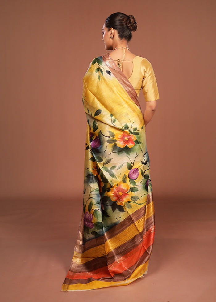 Yellow Tussar Silk Saree With Blouse Piece