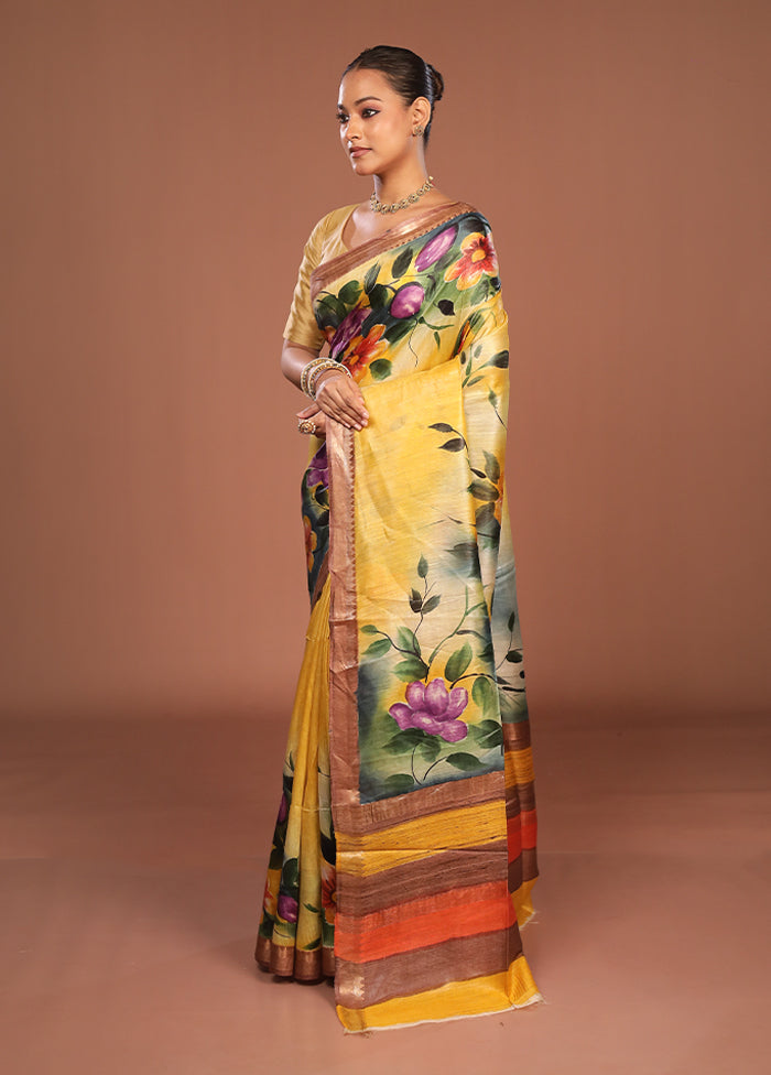 Yellow Tussar Silk Saree With Blouse Piece