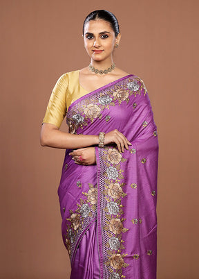 Purple Handloom Tussar Pure Silk Saree With Blouse Piece