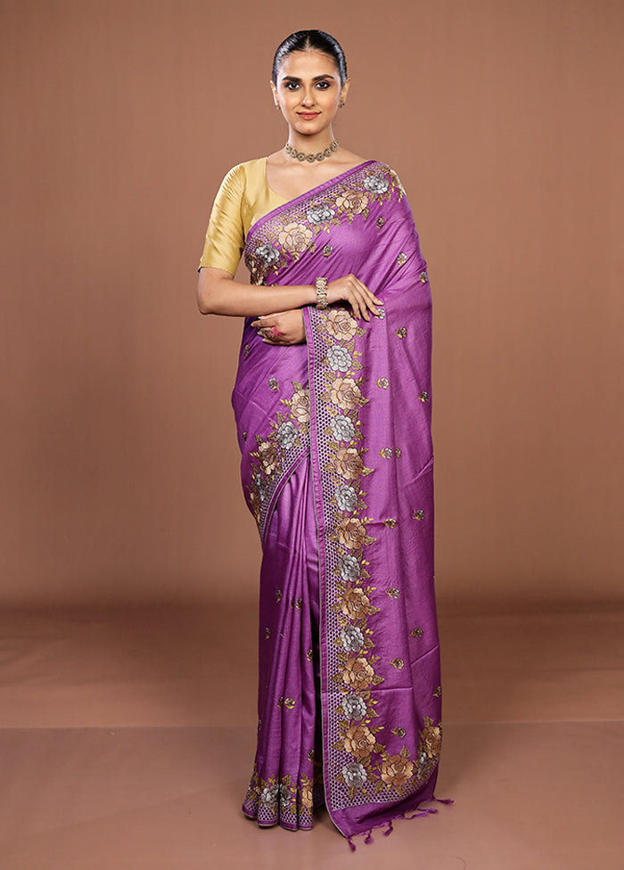 Purple Handloom Tussar Pure Silk Saree With Blouse Piece