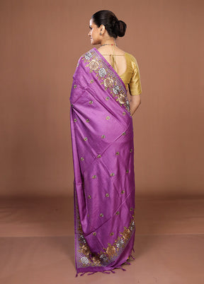 Purple Handloom Tussar Pure Silk Saree With Blouse Piece