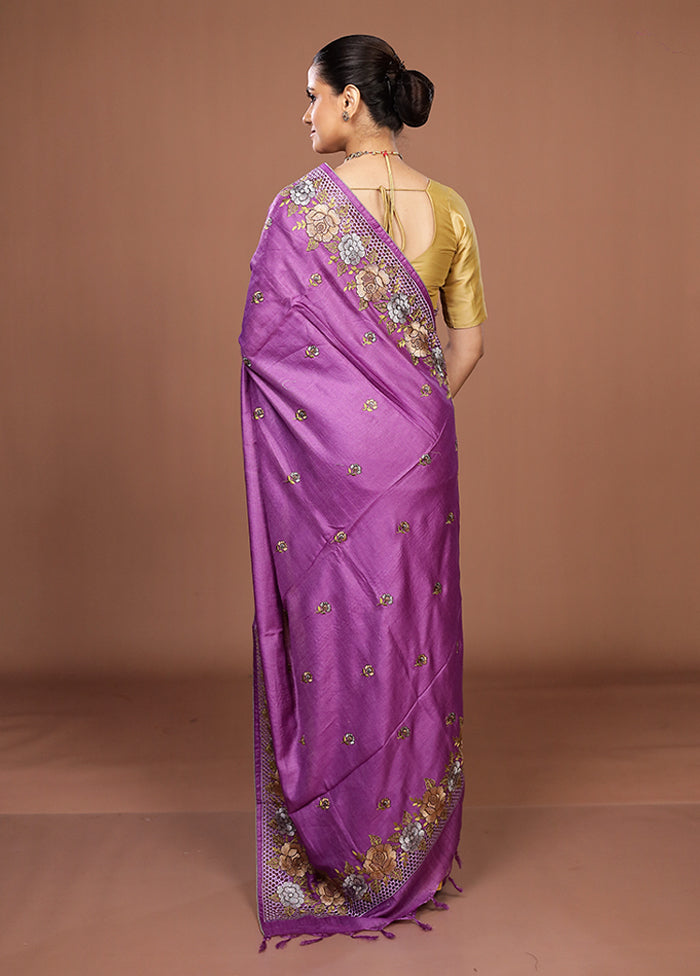 Purple Handloom Tussar Pure Silk Saree With Blouse Piece