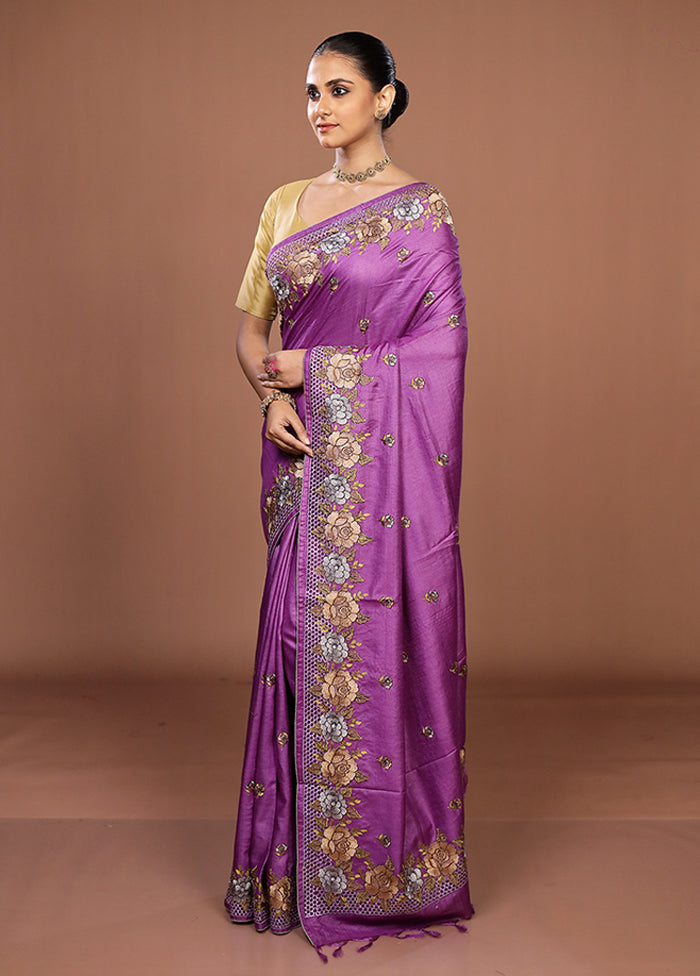 Purple Handloom Tussar Pure Silk Saree With Blouse Piece