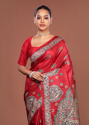 Red Printed Pure Silk Saree Without Blouse Piece