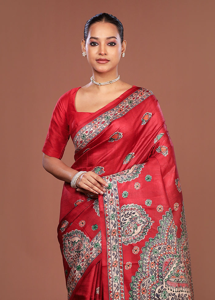 Red Printed Pure Silk Saree Without Blouse Piece