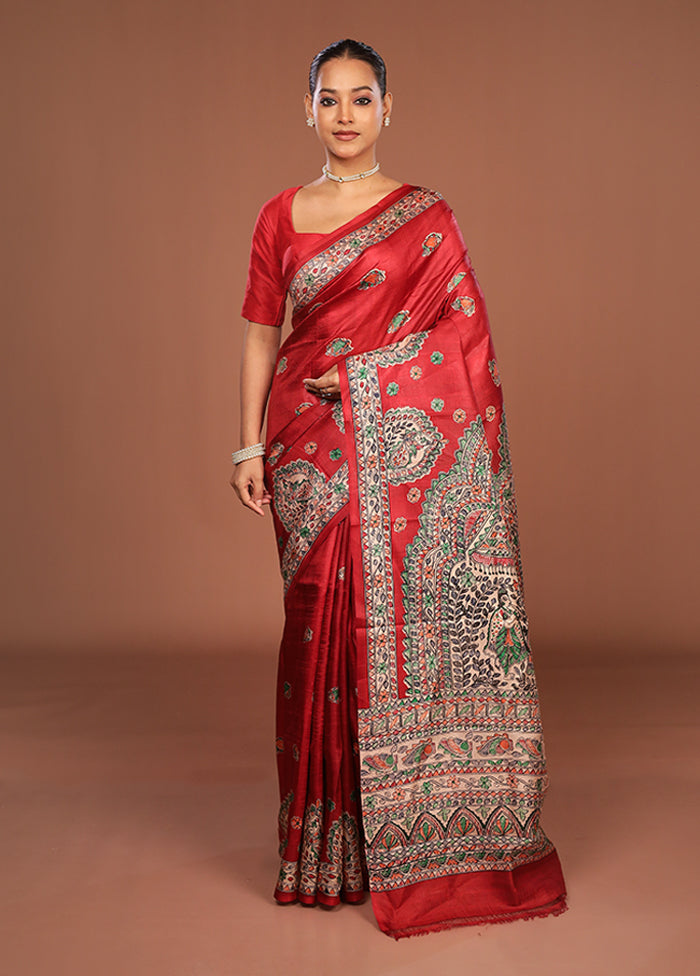 Red Printed Pure Silk Saree Without Blouse Piece