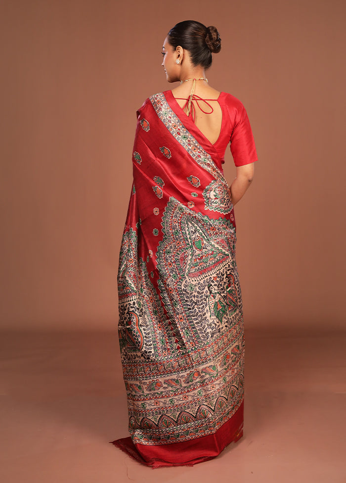 Red Printed Pure Silk Saree Without Blouse Piece