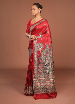 Red Printed Pure Silk Saree Without Blouse Piece