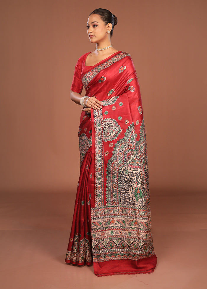 Red Printed Pure Silk Saree Without Blouse Piece
