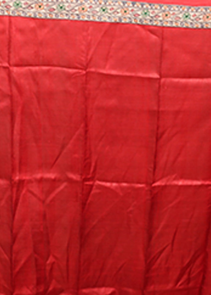 Red Printed Pure Silk Saree Without Blouse Piece