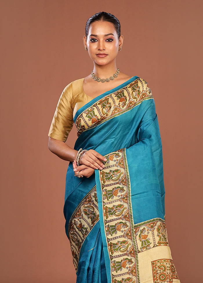 Blue Printed Pure Silk Saree Without Blouse Piece