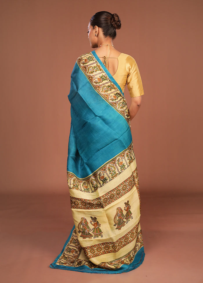 Blue Printed Pure Silk Saree Without Blouse Piece