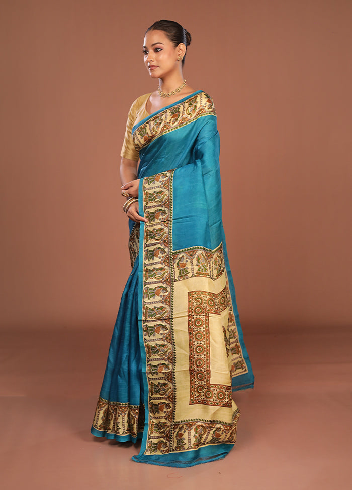 Blue Printed Pure Silk Saree Without Blouse Piece