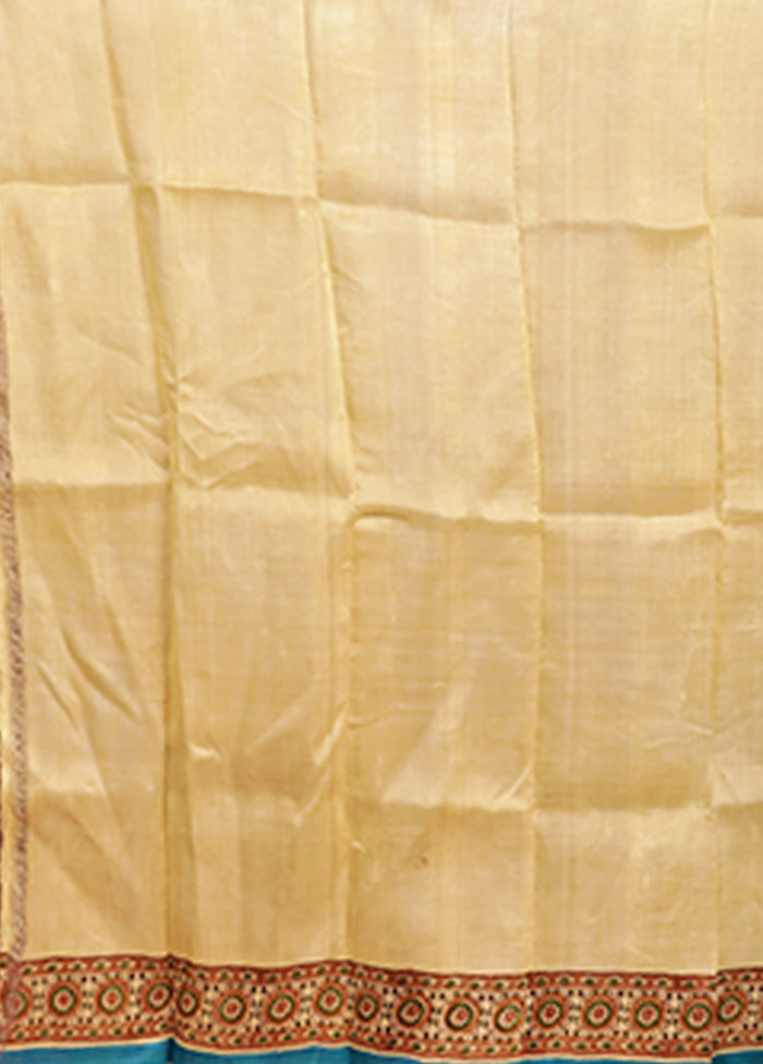 Blue Printed Pure Silk Saree Without Blouse Piece