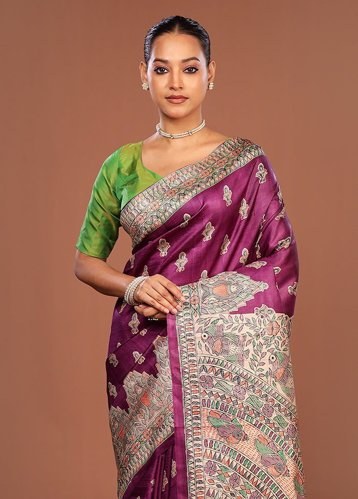 Purple Printed Pure Silk Saree Without Blouse Piece