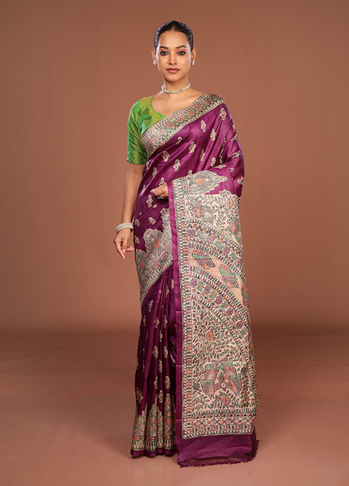 Purple Printed Pure Silk Saree Without Blouse Piece