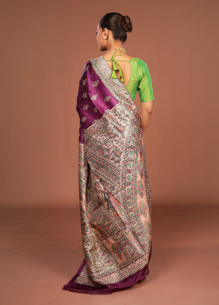 Purple Printed Pure Silk Saree Without Blouse Piece