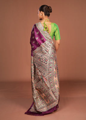 Purple Printed Pure Silk Saree Without Blouse Piece