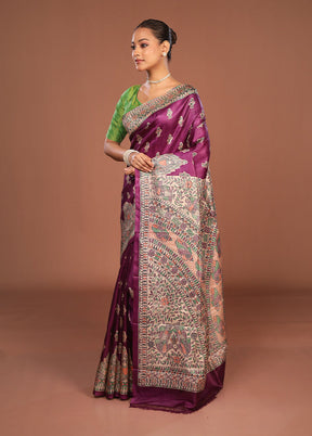 Purple Printed Pure Silk Saree Without Blouse Piece